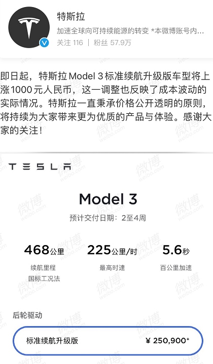 特斯拉宣布涨价这款Model3上涨1000元曾一年多5次降价